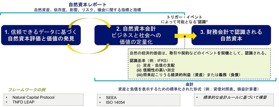 Figure 1: 自然資本会計から財務会計の統合に向けての3ステップ (Mountains Group)